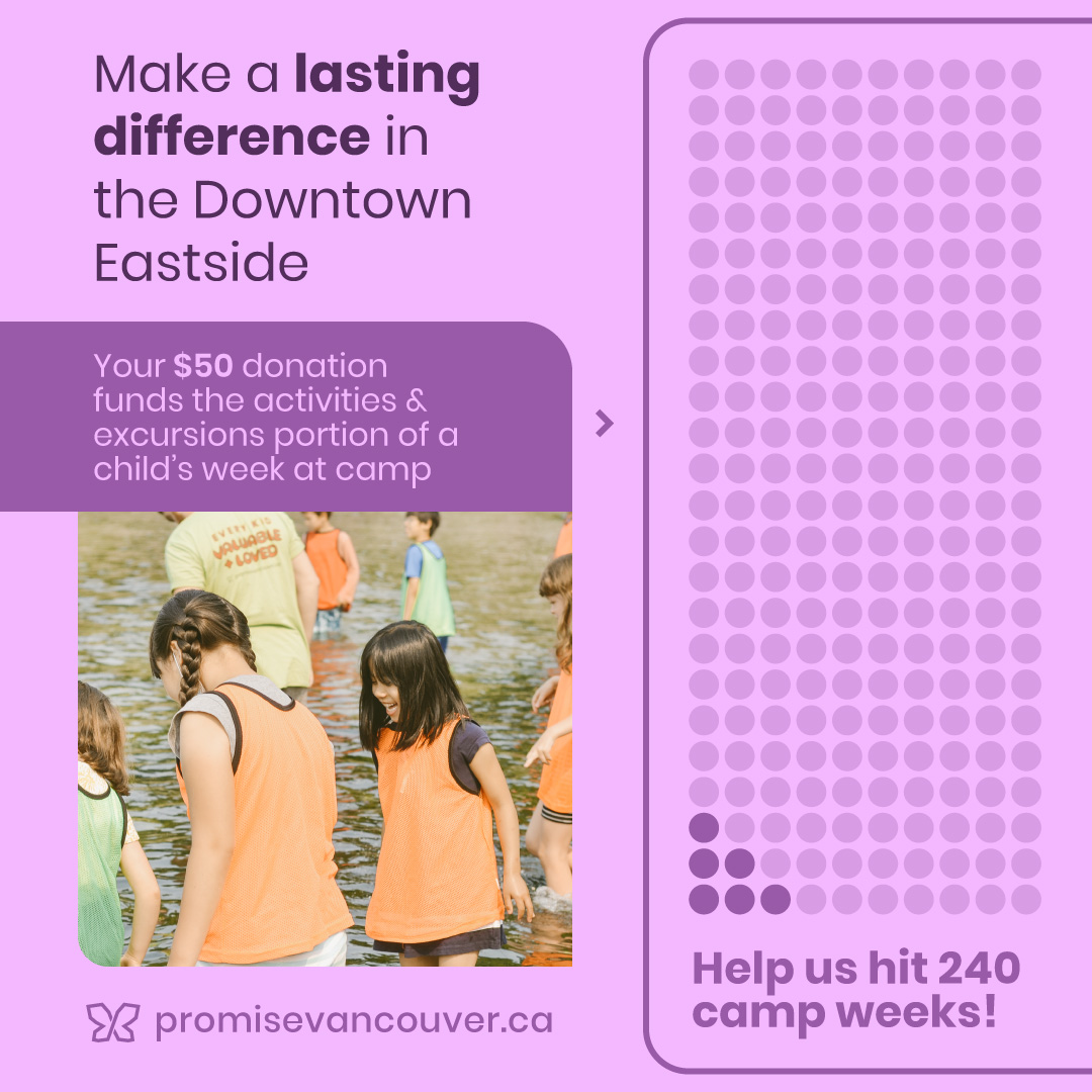 Make a lasting difference in the Downtown Eastside. Your $50 donation funds the activities & excursions portion of a child's week at camp. Help us hit 240 camp weeks!